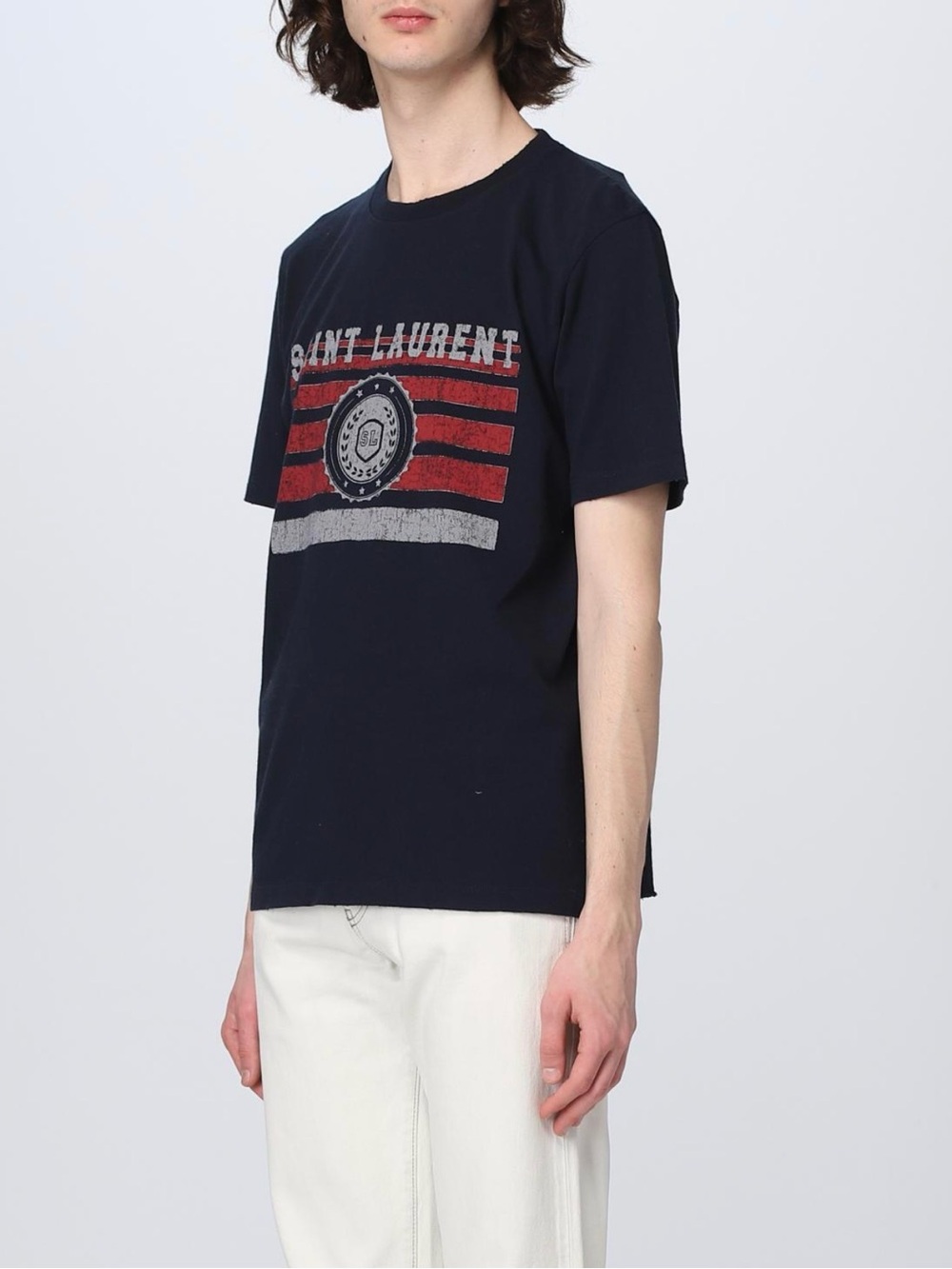 Saint Laurent Navy T-Shirt with Red and Gray Graphic